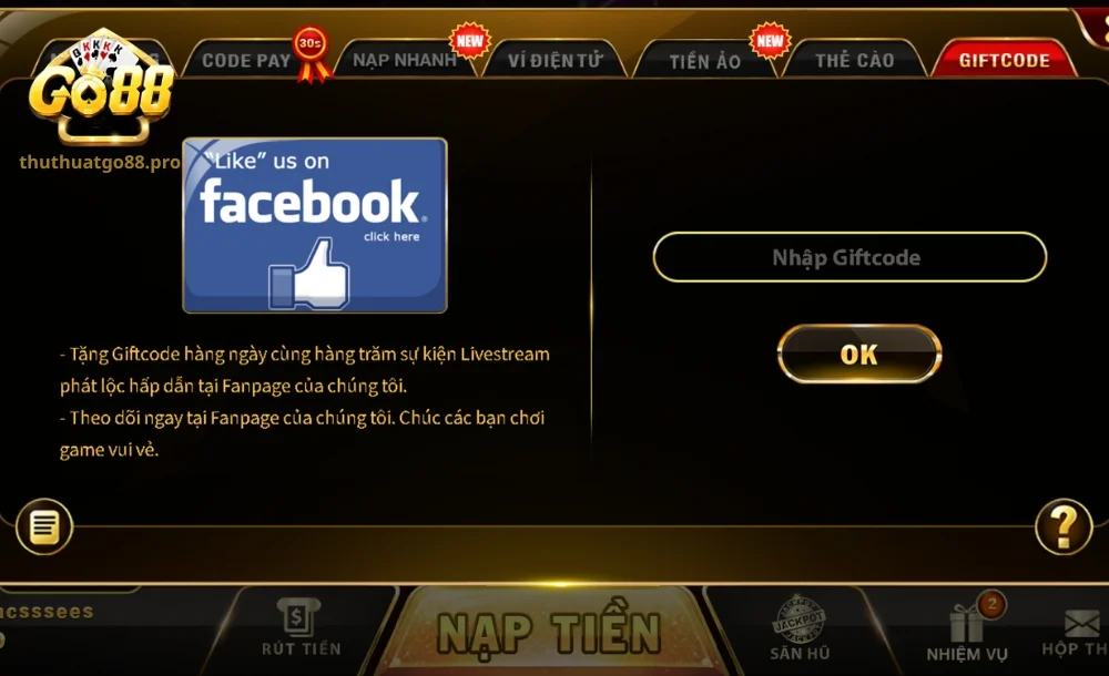 Cách nạp tiền Go88 thông qua giftcode