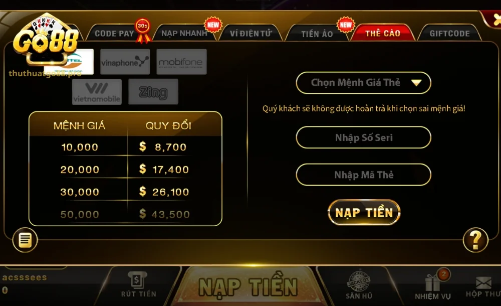 Cách nạp tiền Go88 truyền thống với thẻ cào điện thoại 