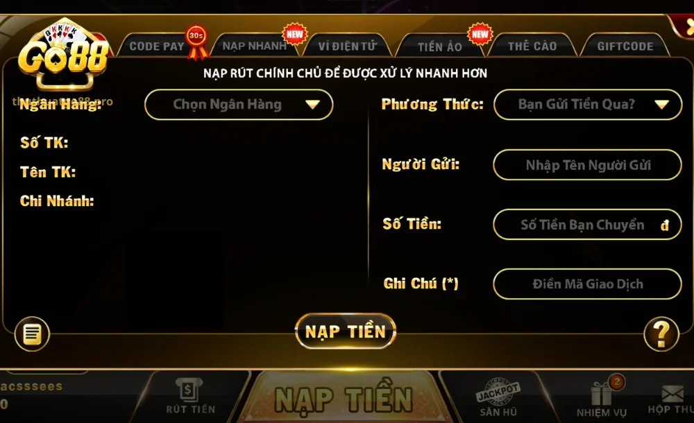 Cách thức nạp tiền bằng tài khoản ngân hàng trực tuyến 